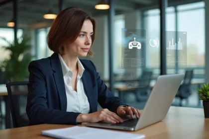 Femme d'âge moyen au bureau avec ordinateur et graphiques