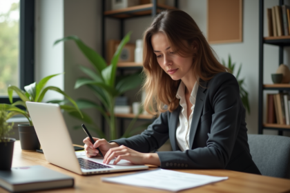 Femme concentrée travaillant dans un bureau lumineux
