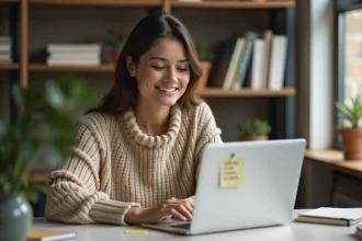 Femme souriante dans un bureau cosy avec citation inspirante