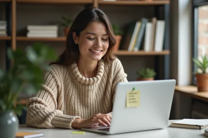 Femme souriante dans un bureau cosy avec citation inspirante