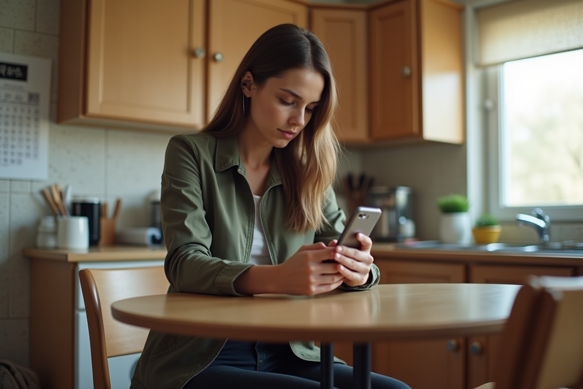 Jeune femme consulte annonces de motos 50cc sur son smartphone