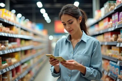 Femme comparant des étiquettes de produits dans un rayon de supermarché E.Leclerc pour faire des économies sur ses courses