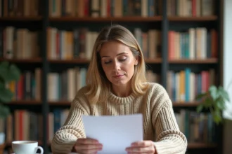 Femme consultant une liste de lecture imprimée avec attention, entourée de livres dans un bureau à domicile