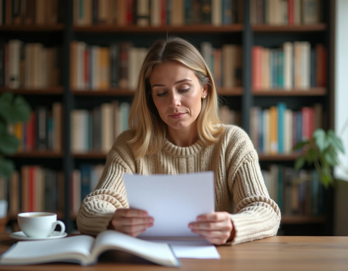 Femme consultant une liste de lecture imprimée avec attention, entourée de livres dans un bureau à domicile