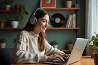 Jeune femme souriante avec casque et ordinateur portable