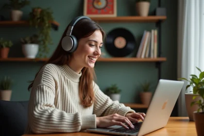 Jeune femme souriante avec casque et ordinateur portable