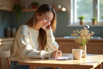 Jeune femme écrivant une note dans une cuisine lumineuse
