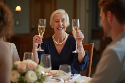 Femme élégante en robe navy et perles lors d'une fête