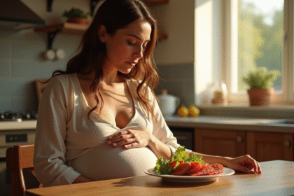 Femme enceinte mangeant salade et chorizo au soleil