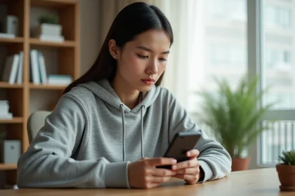 Jeune femme envoyant un SMS anonyme depuis son smartphone via une connexion internet dans un appartement moderne