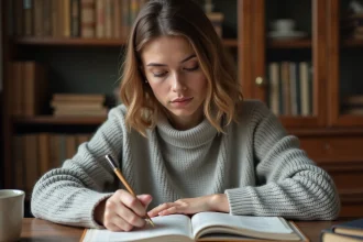 Femme étudiant la conjugaison du verbe jouir dans un manuel de grammaire française à son bureau