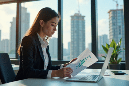 Femme en blazer examine des graphiques immobiliers modernes