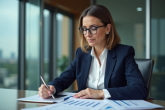 Femme d affaires concentrée sur un rapport financier