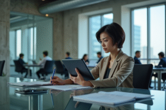 Jeune femme d'affaires consulte des données financières sur une tablette