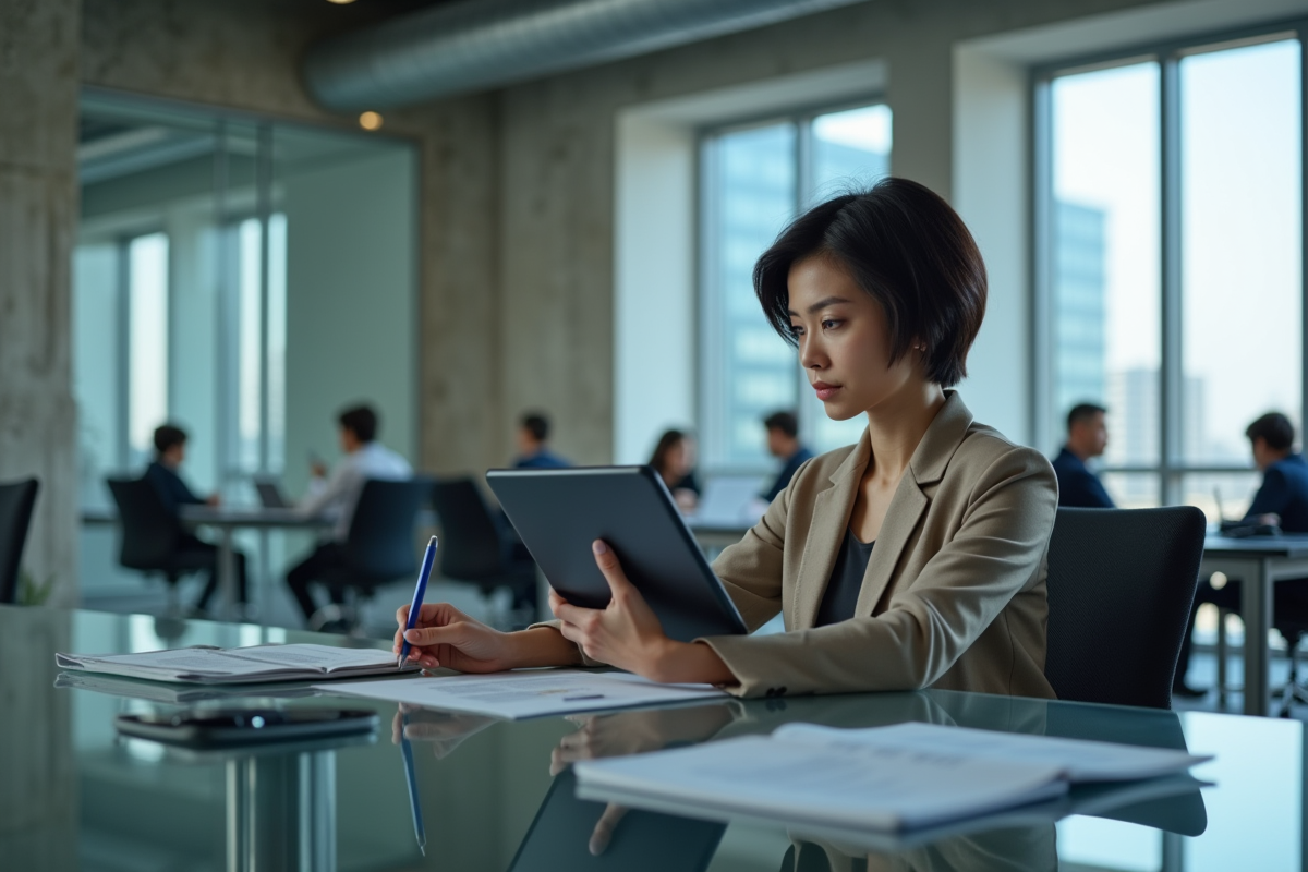 Jeune femme d'affaires consulte des données financières sur une tablette