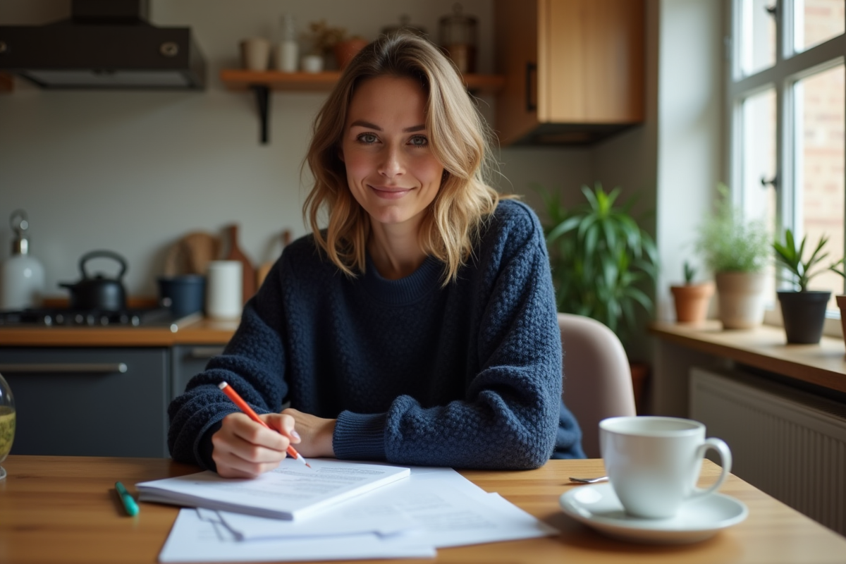 Femme concentrée remplissant des formulaires dans une cuisine chaleureuse