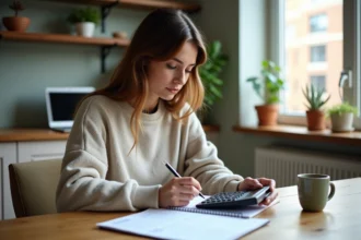 Jeune femme à la maison gérant ses finances