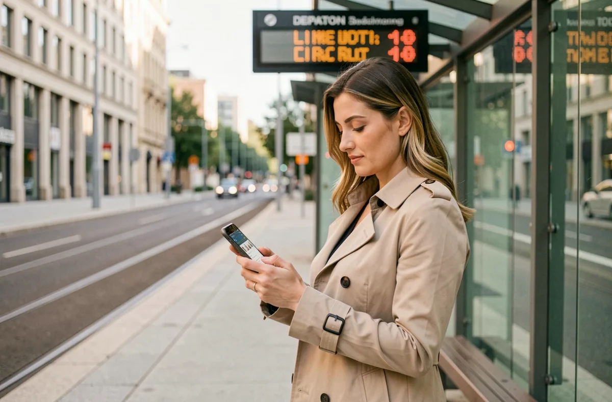 Femme consultant les horaires du tram TBM sur son smartphone à un arrêt de tramway à Bordeaux