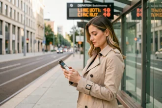 Femme consultant les horaires du tram TBM sur son smartphone à un arrêt de tramway à Bordeaux