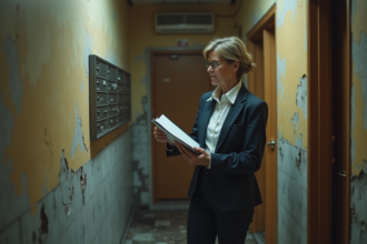 Femme d affaires examinant une porte d appartement délabrée