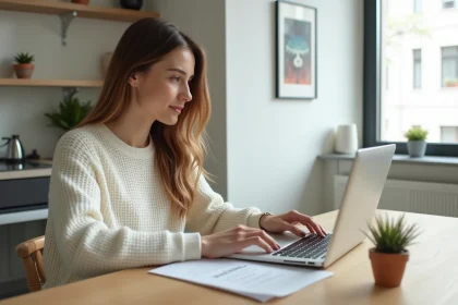 Femme assise à une table moderne remplit un formulaire logement