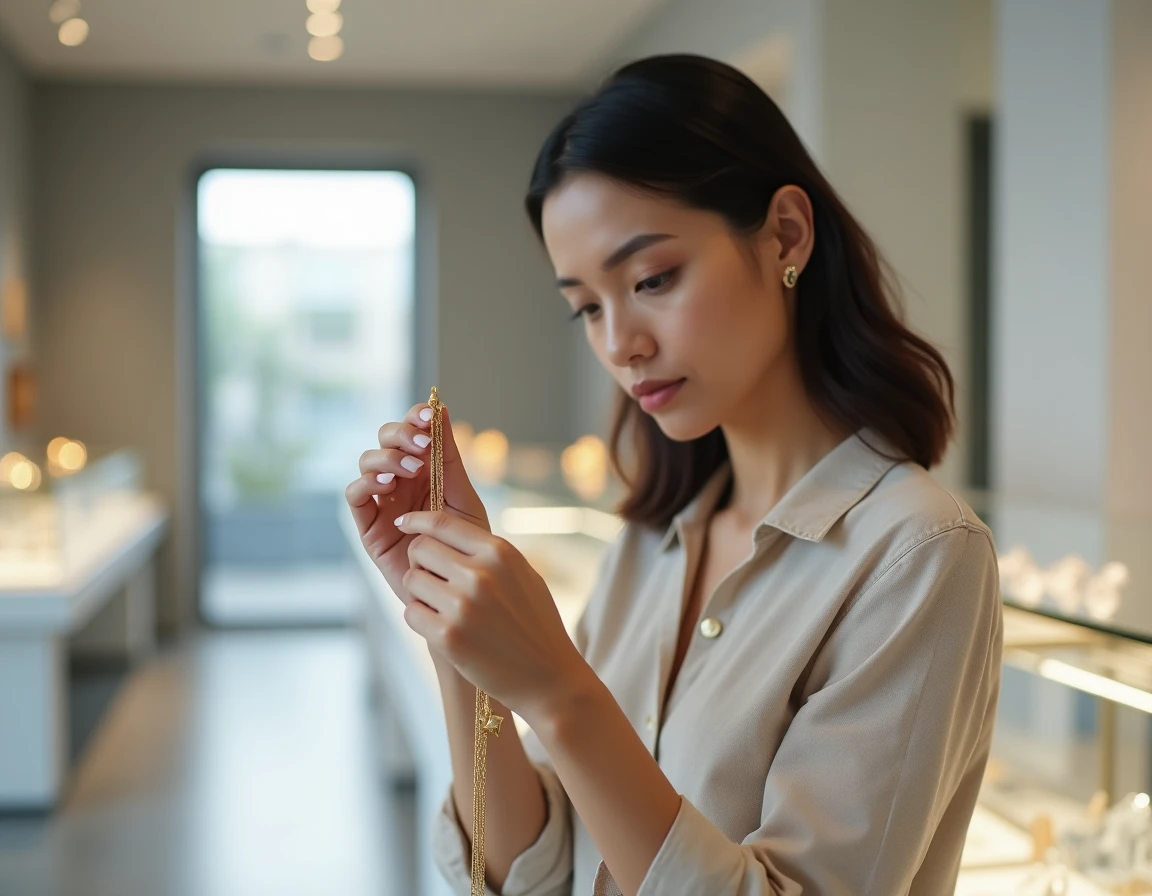 Femme examinant le poinçon d'une chaîne en or dans une boutique de bijouterie moderne
