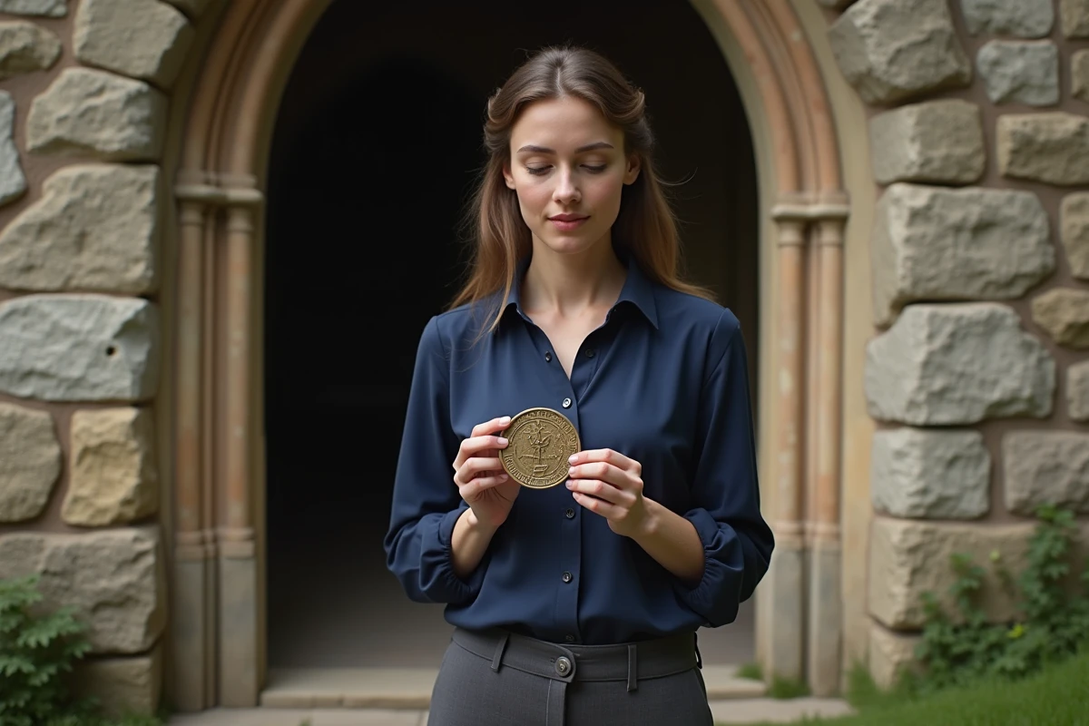 Jeune femme observant une medaille templiere devant une chapelle