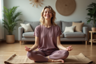 Femme méditant en yoga dans un salon cosy