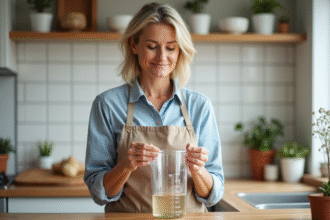 Femme mesurant un liquide dans une cuisine moderne