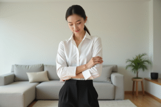 Jeune femme en blouse blanche dans un salon moderne