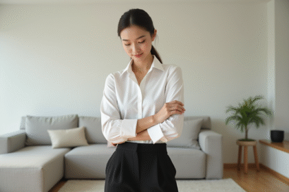 Jeune femme en blouse blanche dans un salon moderne