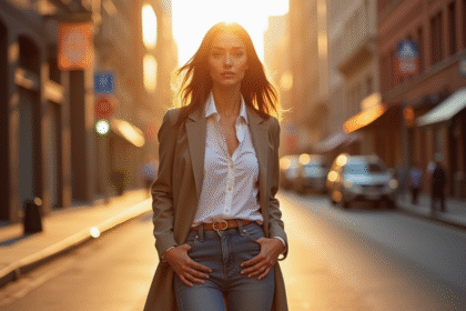 Femme élégante dans la rue ensoleillée avec tenue classique