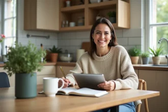 Femme souriante utilisant une tablette dans une cuisine moderne