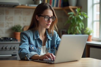 Jeune femme regardant un ordinateur portable à la maison