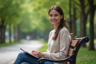 Femme souriante assise dans un parc avec un carnet