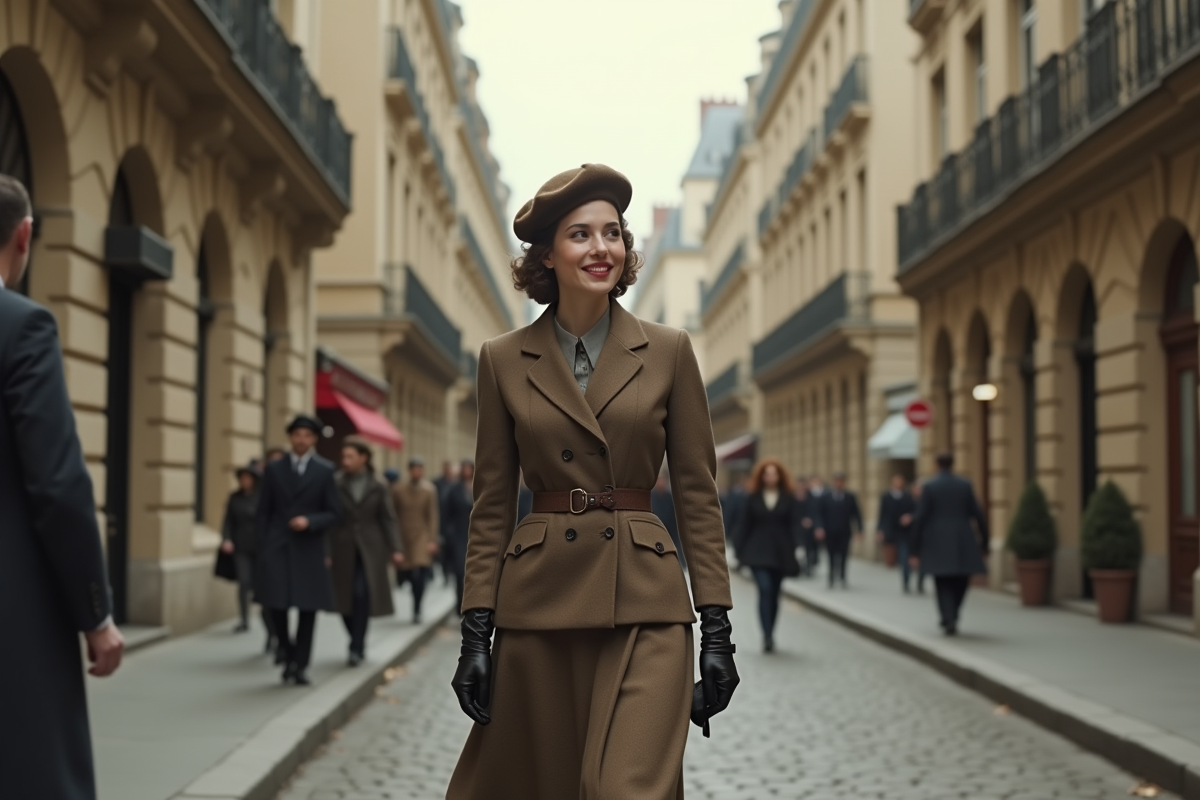 Femme élégante dans la rue parisienne en 1946
