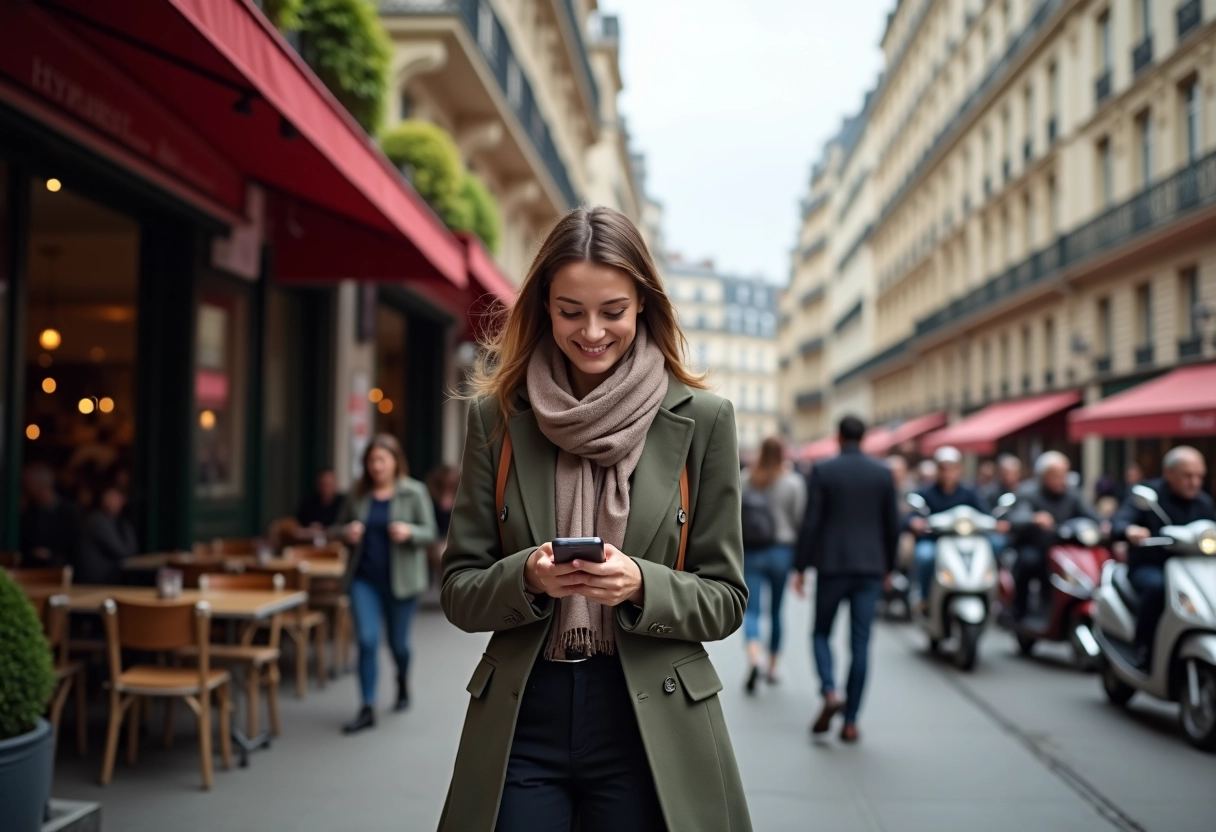 Femme marchant devant un café parisien animé