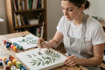 Femme peignant un tableau Paint with Numbers avec des pinceaux fins et des pots de peinture colorés sur une table en bois