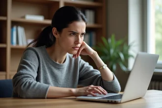 Femme frustrée devant son ordinateur portable essayant de contacter le service d'aide du Bon Coin