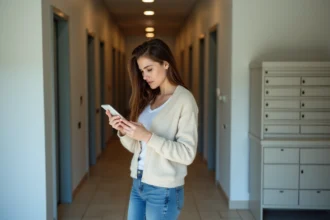 Jeune femme cherche un colis perdu dans son hall d'appartement