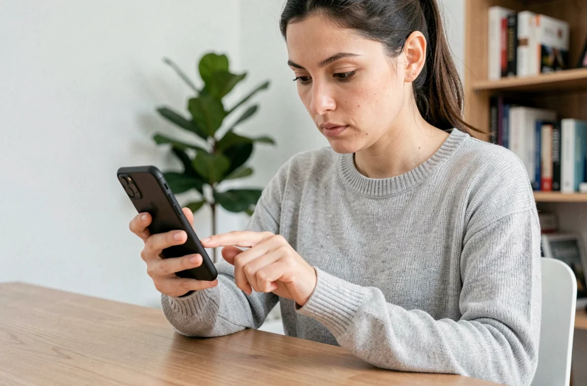 Femme consultant son smartphone à son bureau pour trouver un numéro de téléphone portable
