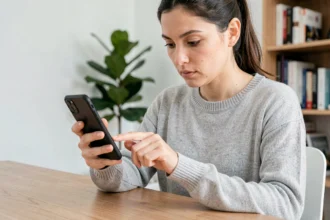 Femme consultant son smartphone à son bureau pour trouver un numéro de téléphone portable