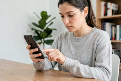 Femme consultant son smartphone à son bureau pour trouver un numéro de téléphone portable