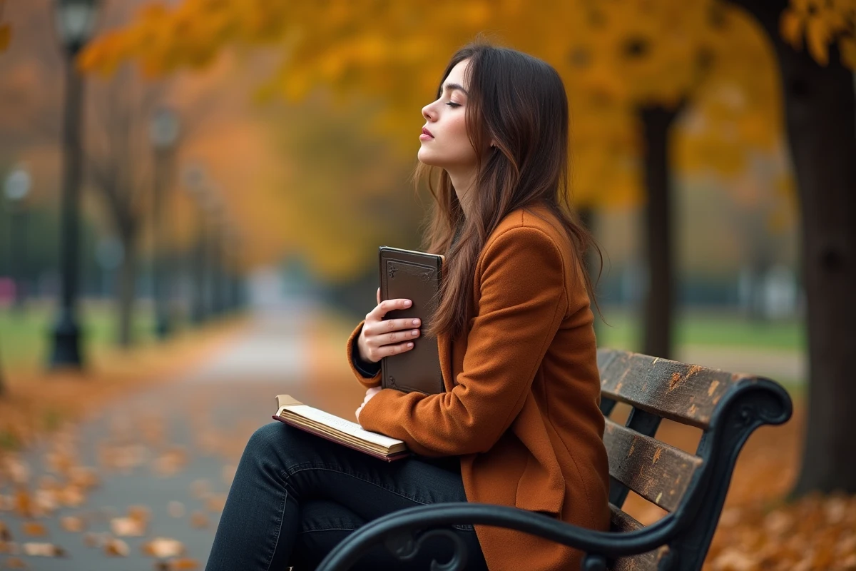 Femme pensive dans un parc en automne tenant un journal, évoquant une connexion karmique intérieure