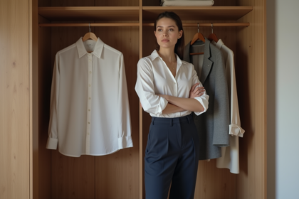 Femme en tenue simple dans une garde-robe en bois