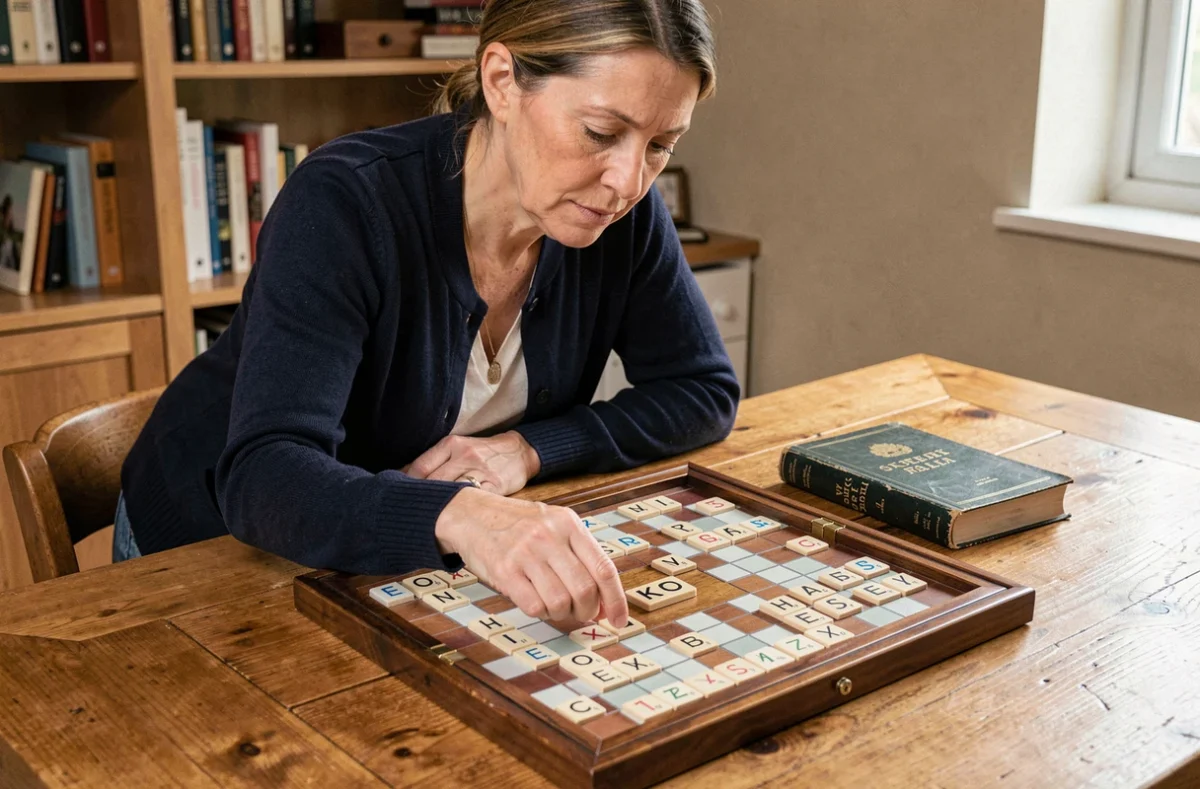 Femme consultant un dictionnaire officiel du Scrabble pour vérifier si KO est un mot autorisé lors d'une partie à domicile