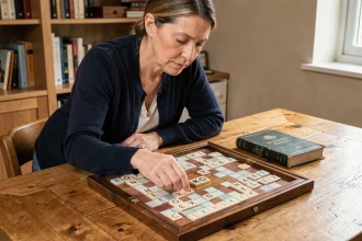 Femme consultant un dictionnaire officiel du Scrabble pour vérifier si KO est un mot autorisé lors d'une partie à domicile