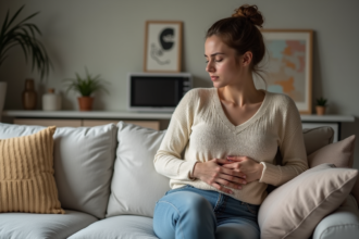 Femme assise sur un canapé en pensant à sa grossesse
