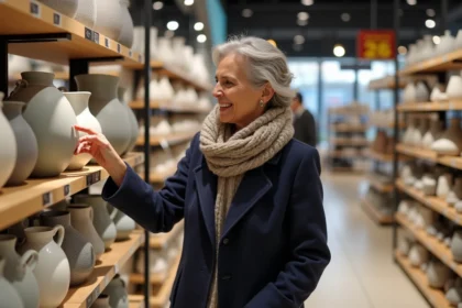 Femme souriante dans un magasin de Tourcoing examine un vase en céramique