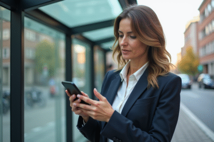 Femme d affaires examine une application de transport